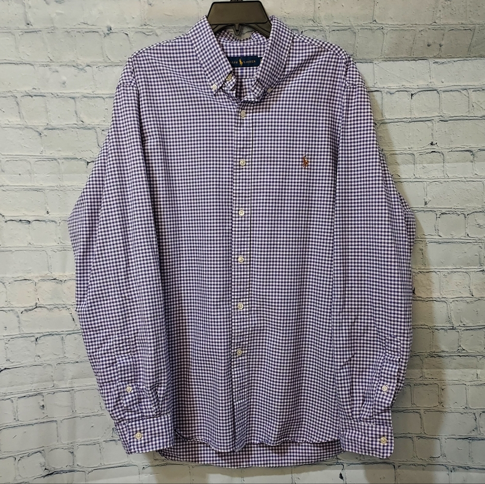 Ralph Lauren Men XL Button Down Gingham Check Oxford Purple Pony Business Office